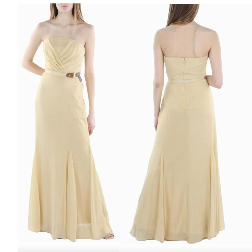 NWT Lauren Ralph Lauren Gold Shimmer Strapless Belted Padded Bra Prom Gown 8